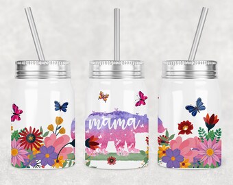 May include: Three stainless steel mason jars with silver lids and straws. Each jar has a different design. One jar has a watercolour bear with the word "mama" and butterflies. Another jar has a floral design with butterflies. The third jar has a floral design with butterflies.