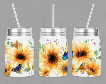 Diseño de sublimación para vaso Mason Jar con diseño de girasol y mariposa (descarga digital)