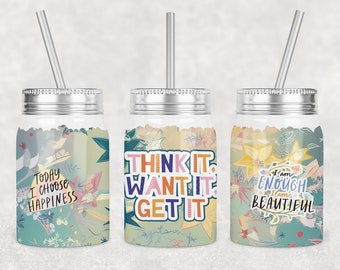 Diseño de sublimación de tarro de cristal con frases positivas (archivo PNG)