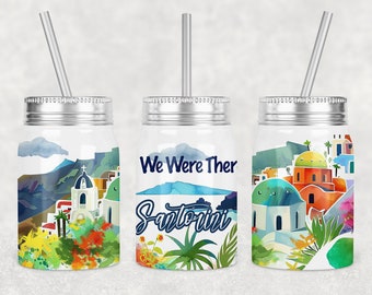 Envoltorio para vaso de cristal de Santorini, diseño de recuerdo de viaje (descarga digital PNG)