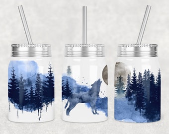 Diseño de sublimación para vaso "Lobo Luna Bosque", regalos de acuarela (descarga digital)