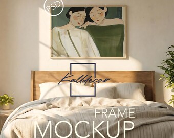 Maqueta de arte mural de Photoshop / Interior de dormitorio / Exhibición de póster con marco horizontal de 4x5, Casa de mediados de siglo, Descarga digital