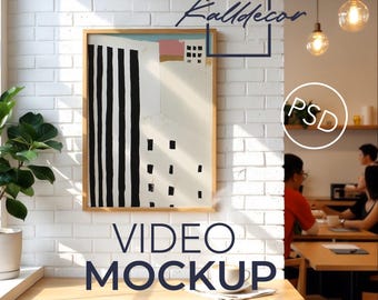 Maqueta de video con marco PSD / Cafetería escandinava animada / Marco vertical minimalista