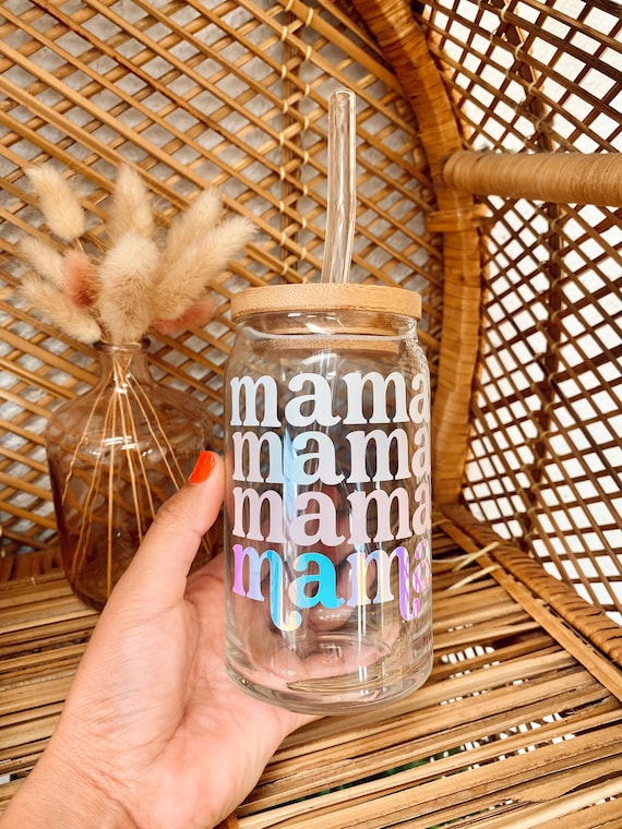 Mama Glass Cup 16 Oz Bamboo Lid and Glass Straw Mama Glass Can Iced Coffee  Cup Gift Box Hair Clip Flower Coaster 