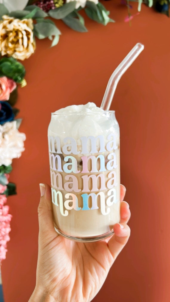Mama Glass Cup 16 Oz Bamboo Lid and Glass Straw Mama Glass Can Iced Coffee  Cup Gift Box Hair Clip Flower Coaster 