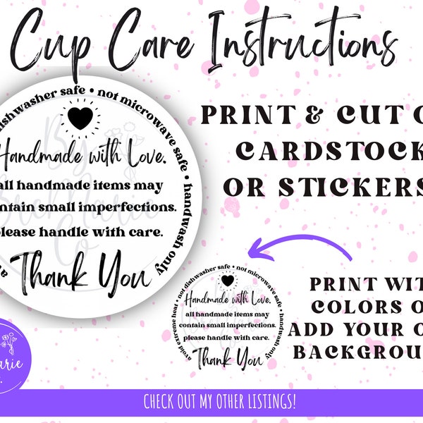 Cup Care Instructions, Tumbler Care Card, Wash Care Card, Printable Care Cards, Small Business Packaging, Print and cut Care Cards