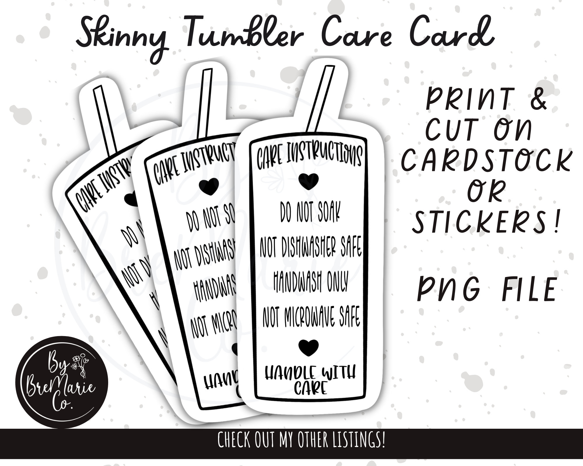 Tumbler Care Cards (White Marble)