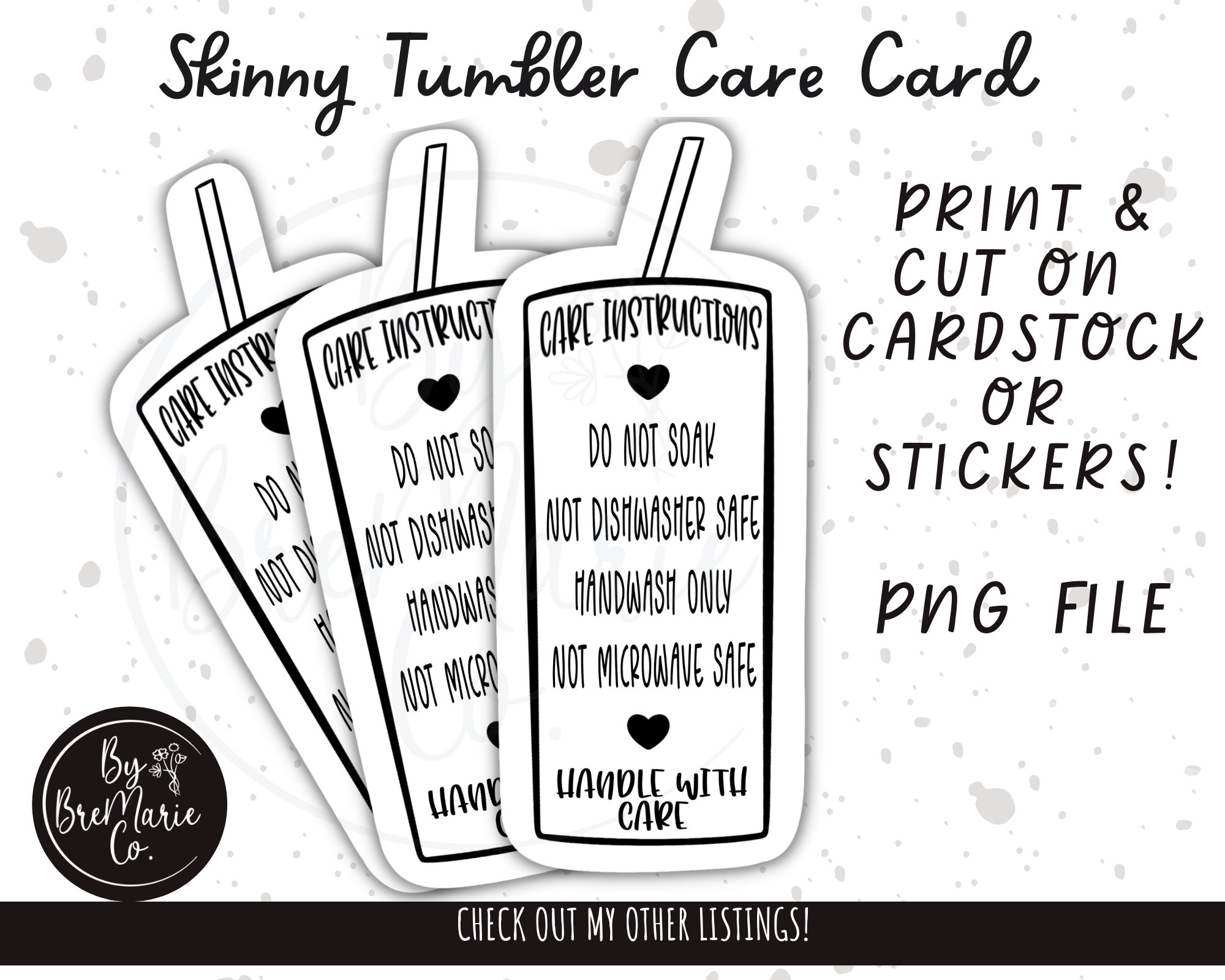 21 cards with free printable tumbler care instructions, download