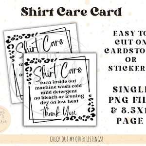 Stampa e taglia la carta per la cura della camicia, istruzioni per la cura della camicia, istruzioni per il lavaggio, schede di cura, cura della camicia a sublimazione, file della scheda di cura PNG
