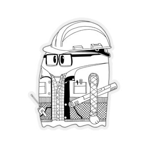 May include: A black and white line drawing of a ghost wearing a hard hat, glasses, a plaid shirt, a vest, and a jacket. The ghost is holding a tool and a ruler.