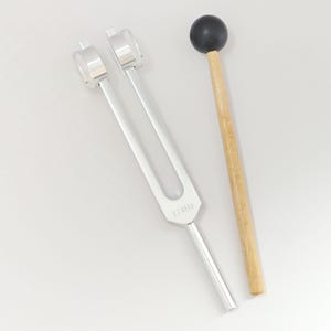 Könnte beinhalten: Eine silberne Stimmgabel mit dem Text "174Hz" und ein Holzschlägel mit schwarzem Kopf. Die Stimmgabel hat ein U-förmiges Design und besteht aus glänzendem Metall. Der Schlägel hat einen hellbraunen Holzgriff.