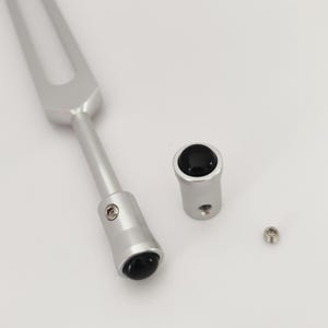 May include: A silver tuning fork with a black stone at the base and a black stone on a separate silver cylinder. A small silver screw is also present. The objects are on a white surface.