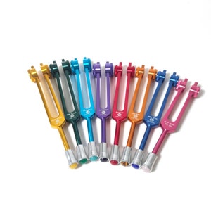 The Planetary Tuning Forks with Gem Feet, Cosmic Octave Weighted Tuning Forks, Chakras Icons and Hertz Logos- Easy to Use