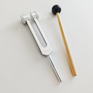 May include: A silver tuning fork with the text "285Hz" and a wooden mallet with a black ball-shaped head. The tuning fork has two cylindrical weights at the top. The mallet has a light brown wooden handle.