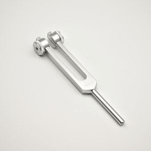 May include: A silver tuning fork with a long handle and two cylindrical weights at the top. The tuning fork has the text "288Hz" etched on the body. The instrument is designed for sound and musical applications.