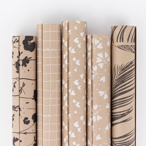 Rotolo di carta da regalo mix di carta kraft | Kraft, palme, fiori, cuori, quadrifogli, confezioni regalo, carta da regalo, fogli regalo