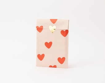 Paper bags hearts, pink / red, 12 x 19 cm | Pink, gift bags, gift packaging, flat bag, paper bags