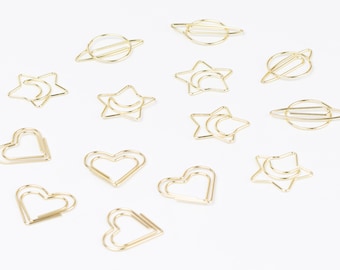 Clips various figures, gold, star, heart, planet, moon, premium | book clips, paper, wire clips, paper clips, foldback clips