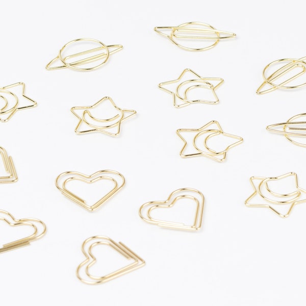 Clips verschiedene Figuren, Gold, Stern, Herz, Planet, Mond, premium | Buchklammern, Paper, Wire-Clips, Büroklammern, Foldback-Klammern