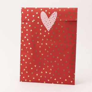 Sacchetti di carta Little Hearts, rosso ciliegia con effetto oro | Sacchetti regalo, confezioni, sacchetti piatti, mini sacchetti, fiori, amore, cuori