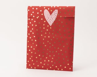 Bolsas de papel Corazones, rojo cereza efecto dorado | Bolsas de regalo, packaging, bolsa plana, mini bolsas, flores, amor, corazones