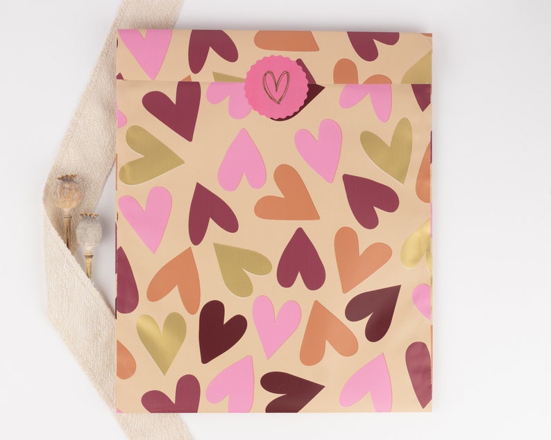 XXL Papiertüten Herzen weinrot/rosatone mit Gold-Effekt Geschenktüten, Geschenkverpackung, Flatbag, Verpackung, Weihnachten, A4 Bild 2