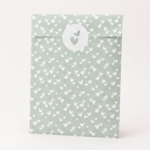 Paper bags Little Hearts, sage/green, black and white | Gift bags, gift wrapping, flatbag, mini bags, flowers, heart, mint