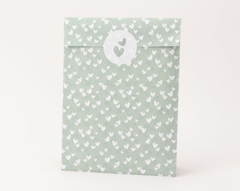 Paper bags Little Hearts, sage/green, black and white | Gift bags, gift wrapping, flatbag, mini bags, flowers, heart, mint