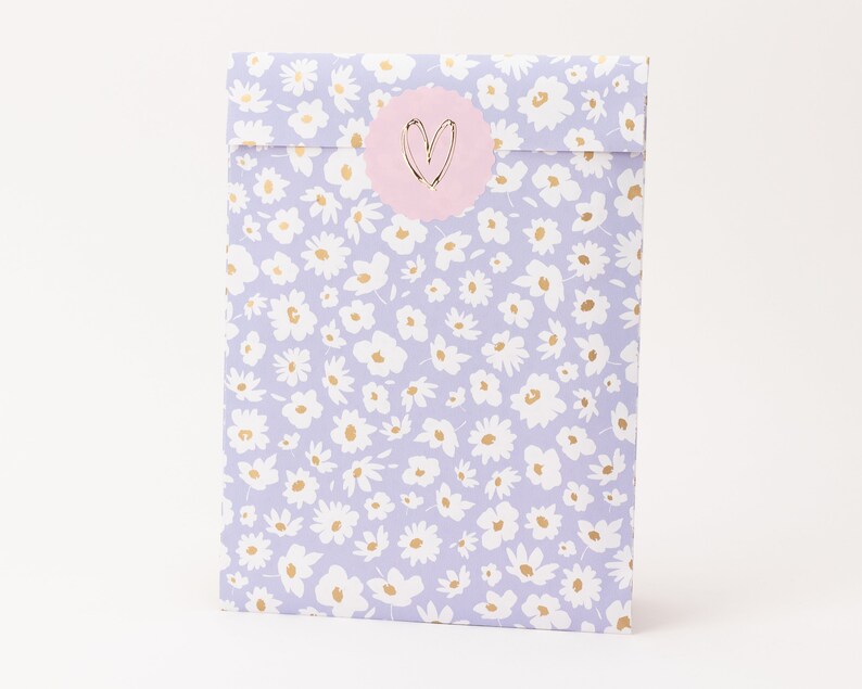 Papiertüten Gänseblümchen, flieder, rosa, Gold-Effekt Blumen, Geschenktüten, Geschenkverpackung, Flatbag, Minitüten Bild 1