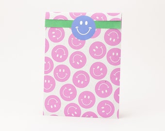 Papieren zakjes smileys roze/groen | Cadeauzakjes, cadeauverpakkingen, platte tassen, kinderverjaardagsfeestjes, feestzakjes