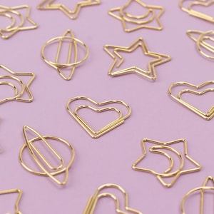 Clips verschiedene Figuren, Gold, Stern, Herz, Planet, Mond, premium | Buchklammern, Paper, Wire-Clips, Büroklammern, Foldback-Klammern