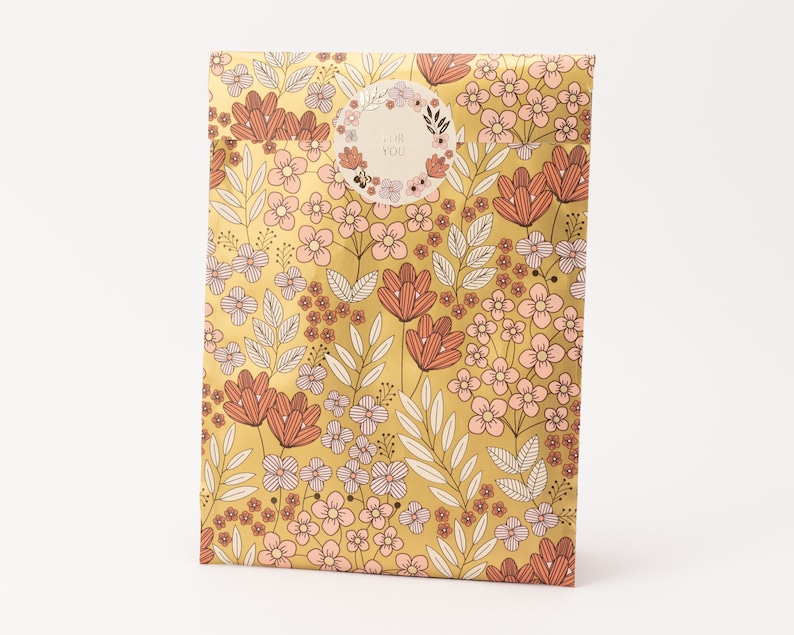 Paper bags flower meadow retro gold/pink, chic with gold effect Gift bags, gift wrapping, flat bag, flowers image 1