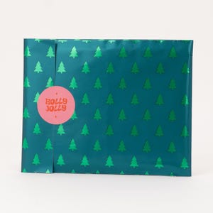 Può includere: Un pacco color verde acqua con un motivo ripetuto di alberi di Natale verdi. Un adesivo rotondo rosa con le parole "HOLLY JOLLY" in bianco è centrato sul pacco. Il pacco è sigillato e pronto per la spedizione.
