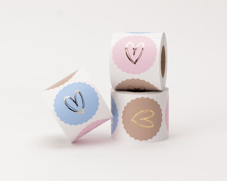 Stickers met goudeffect, verschillende kleurencombinaties Stickers, hart, verpakking, cadeaustickers Blau/Rosa/Taupe