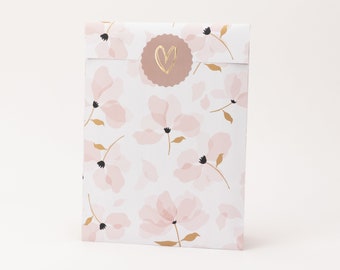 Papieren zakjes bloemblaadjes, roze, goudeffect | Bloemen, cadeauzakjes, cadeauverpakking, platte tas, papieren tassen
