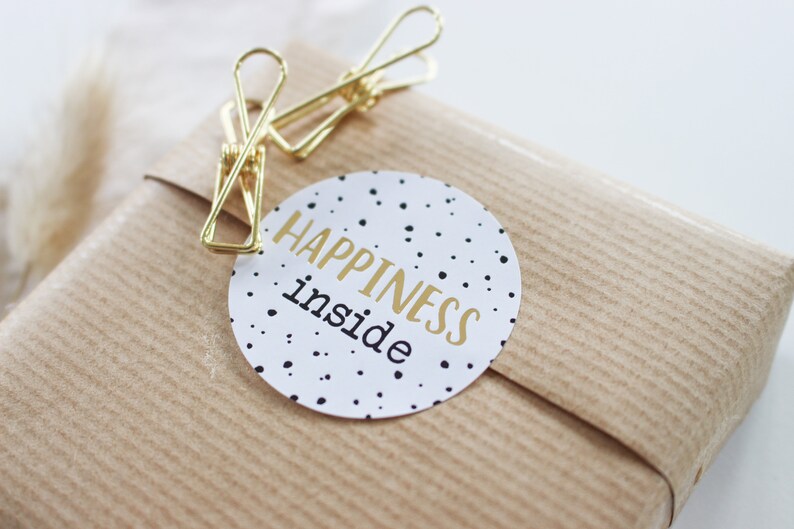 "Happiness Inside" sticker with gold effect | Stickers, labels, order, gift, thank you, handmade business, seller, packaging image 3