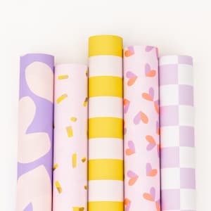 Geschenkpapier Rolle Mix Lemon & Lavender | Blumen, Herzchen, Streifen, Geschenkverpacking, Einpackpapier, Geschenkbögen