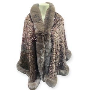 Woman’s Faux Fur Sequence Poncho Faux Fur Shawl Plus Size Poncho One Size Poncho Wholesale Ponchos Trendy Ponchos