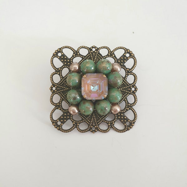 broche, vintage, rétro, cabochon cristal,laiton