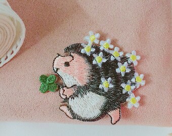 Baby Hedgehog Purple Green Floral Flowers Iron On Embroidery Patch MTCoffinz Choose Size