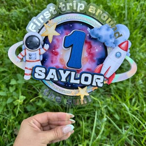 Outer Space 1st Birthday Cake Topper, First Trip Around the Sun, Rocket Astronaut Theme Party Decor, Galaxy Birthday Topper, Boy Theme