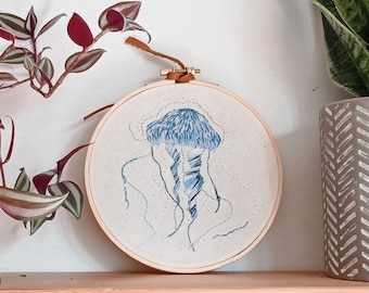 Jellyfish embroidery hoop, blue and white wall hanging, sea Animals, kids room decor, scandi wall art, minimal modern art, housewarming gift