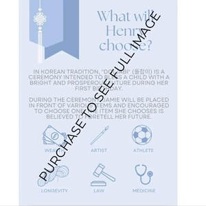 Peut inclure: Une carte illustrée bleue et blanche avec le texte "What will Henry choose?" et une tradition coréenne expliquée. La carte montre six icônes représentant différentes professions : la richesse, l’artiste, l’athlète, la longévité, le droit et la médecine.