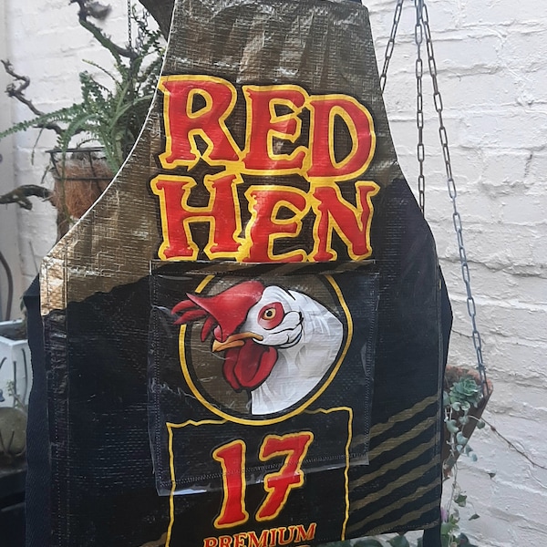 APRON - "RED HEN - Black" kids size 49cm long x 39cm wide