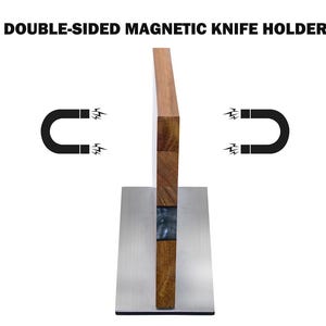 K&ouml;nnte beinhalten: Ein doppelseitiger magnetischer Messerhalter mit Holz- und Edelstahl-Design. Der Holzteil besteht aus gestapelten Holzbl&ouml;cken. Der Text "DOUBLE-SIDED MAGNETIC KNIFE HOLDER" wird oben im Bild angezeigt.