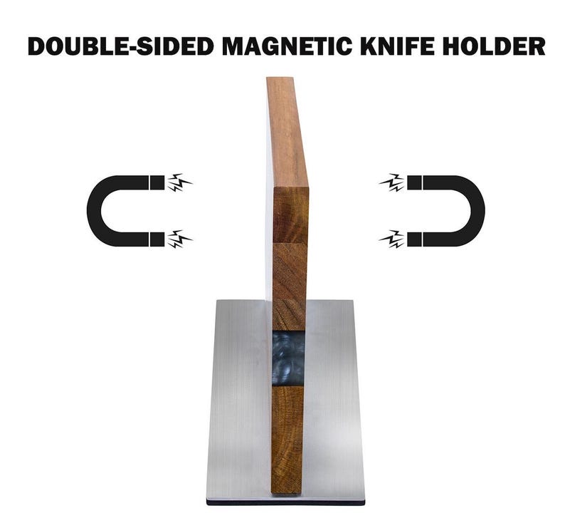 K&ouml;nnte beinhalten: Ein doppelseitiger magnetischer Messerhalter mit Holz- und Edelstahl-Design. Der Holzteil besteht aus gestapelten Holzbl&ouml;cken. Der Text "DOUBLE-SIDED MAGNETIC KNIFE HOLDER" wird oben im Bild angezeigt.