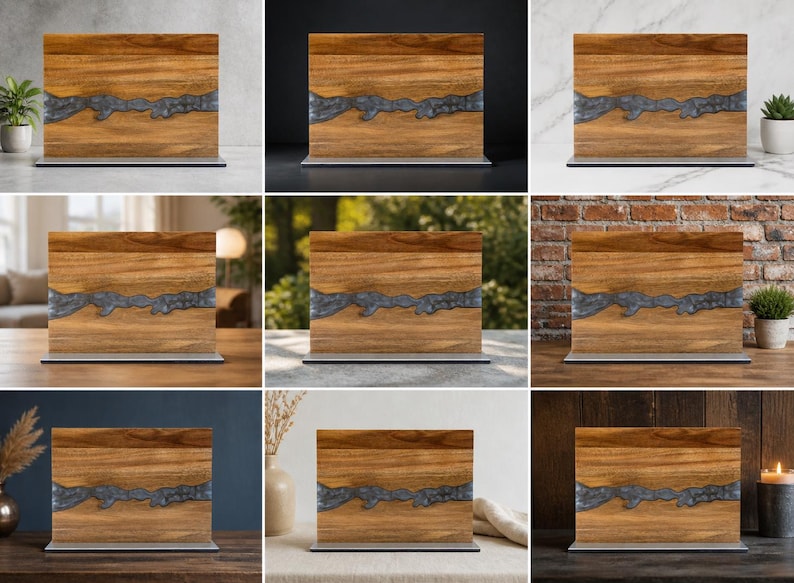 K&ouml;nnte beinhalten: Holzblock mit einem Fluss aus dunkelgrauem Harz. Das Holz hat ein nat&uuml;rliches Maserungsmuster. Das Harz flie&szlig;t horizontal durch die Mitte. Der Block ist auf einem silbernen Sockel montiert. Dekorativer Artikel.