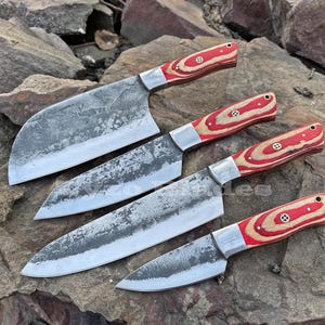 Handmade Forged Chef Knives Set 4 Pcs / Leather Bag /