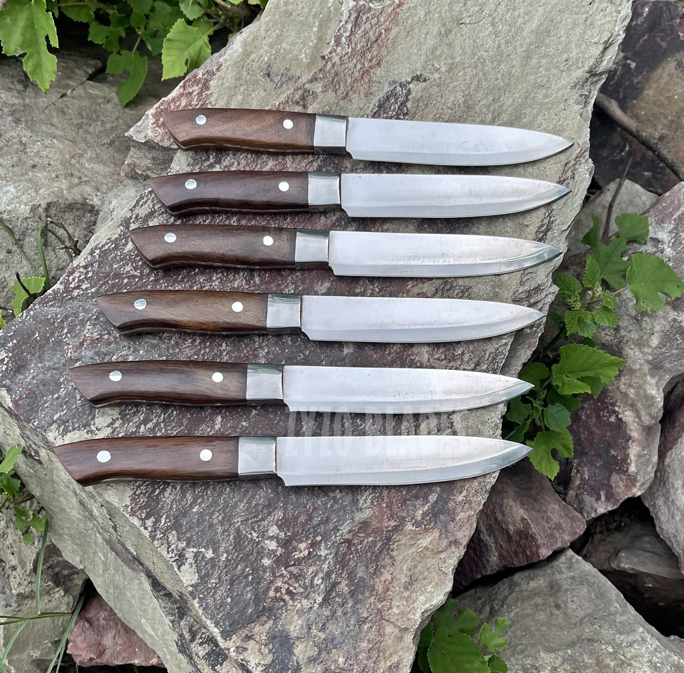 Fzkaly Steak Knives Set of 4, Japanese Damascus Steak Knives in Drawer  Knife Block, 5 Straight Edge Blade, Ergonomic Olive Wood Handle, Ideal For