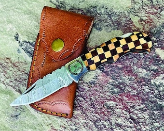 Handmade Damascus Pocket Knife Olive Color Handle